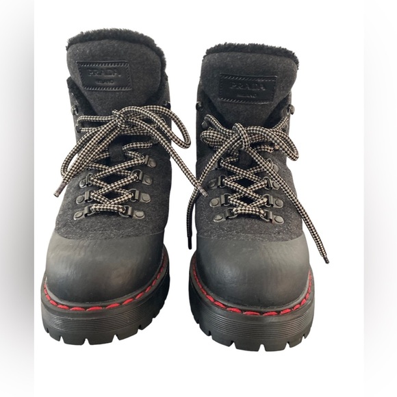 Prada Linea Rosa Felt Lace-Up 
Shearling Fur-Lined Combat Boot - Picture 1 of 7
